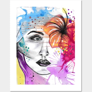 Girl with a flower and colors - watercolor art Posters and Art